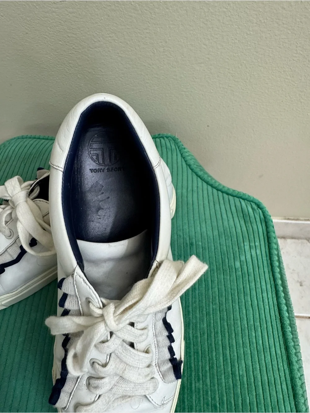 White Leather Sneakers with Navy Trim